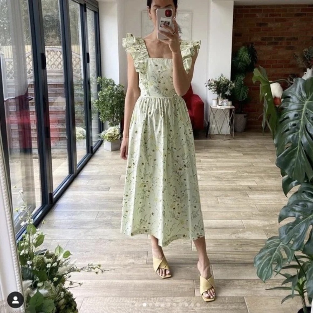 H&M Rare Wildflower Meadow Collection Ruffle Cotton Green Floral Midi Dress